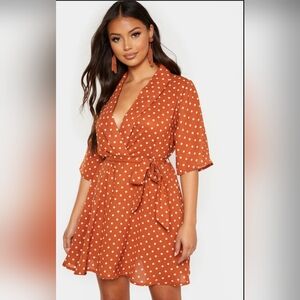 PrettyLittleThing $50 Size 6 Terracotta Polka Dot Tea Dress Orange Mini Aline